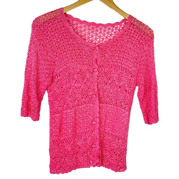 Knit Pink Cardigan Crochet Short Sleeve - Picture 1 of 8
